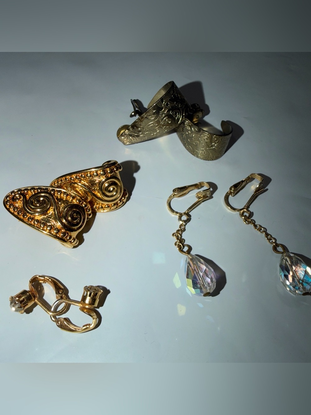 Vintage EARRINGS 4 Pairs clip Ons Geometric Golden Half Hoops, Rhinestone Dangle